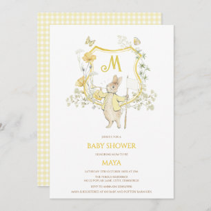 Yellow Gingham Peter the Rabbit Monogram Baby Show Invitation