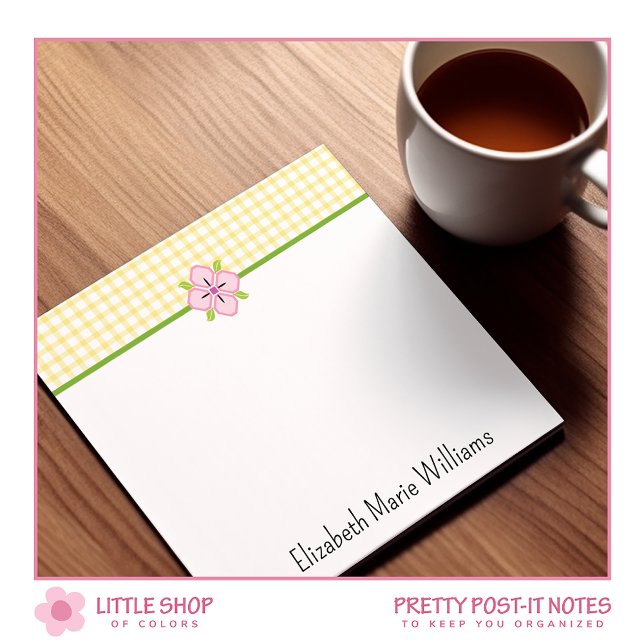 Yellow Gingham Pink Floral Personalized Post-it Notes (Creator Uploaded)