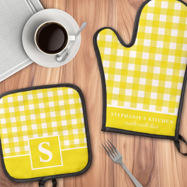 Yellow Gingham Plaid Checkered Monogrammed Oven Mitt & Pot Holder Set (Creator Uploaded)