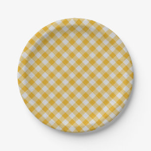 Yellow Gingham Plaid Checkered Pattern Paper Plates