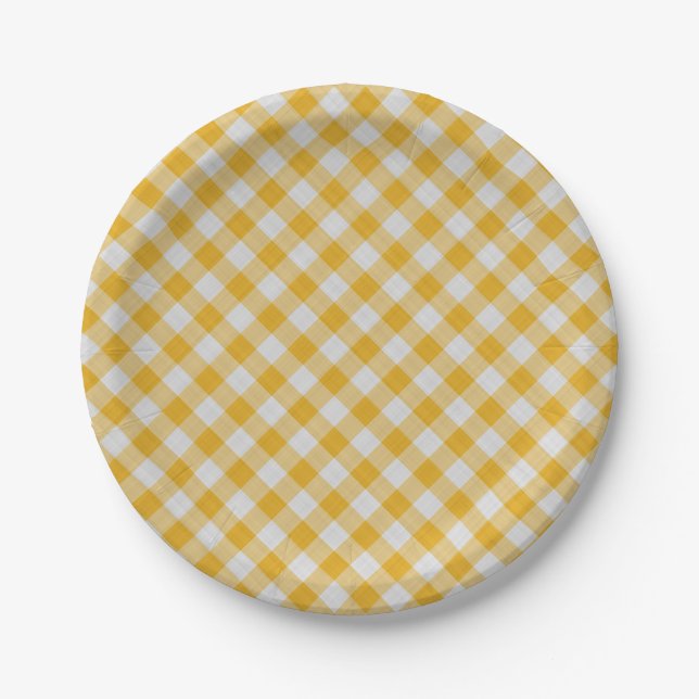Yellow Gingham Plaid Checkered Pattern Paper Plates (Front)