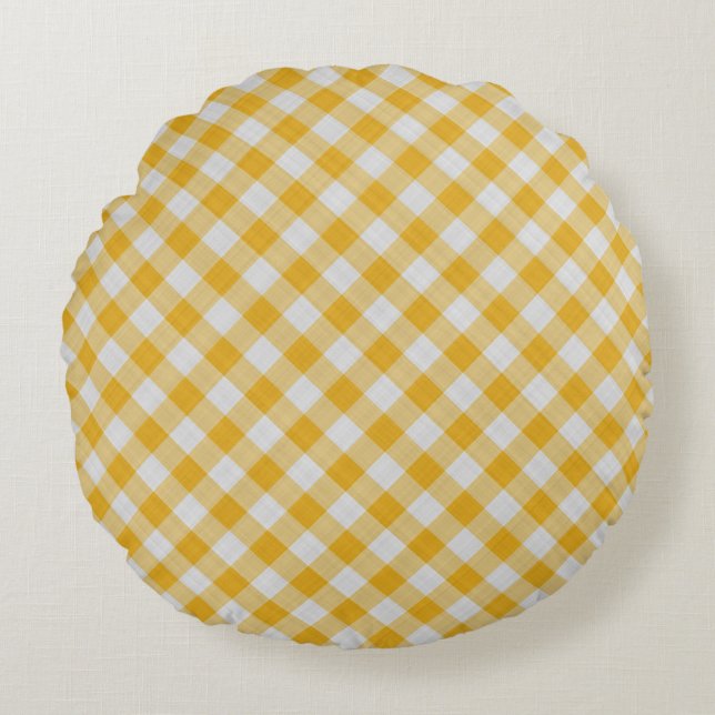 Yellow Gingham Plaid Checkered Pattern Round Pillow (Front)