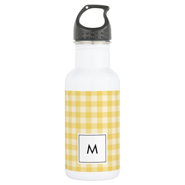 Yellow Gingham Plaid Monogram Water Bottle (Front)