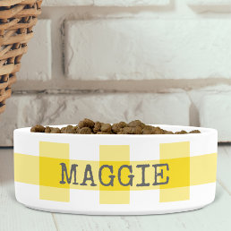Yellow Gingham Plaid Personalized Farmhouse Dog Bowl