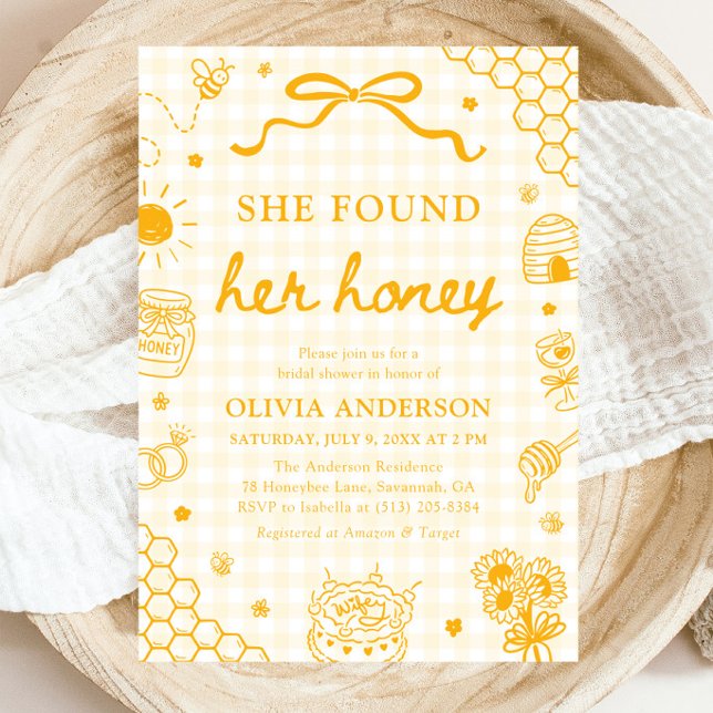 Yellow Gingham She Found Her Honey Bridal Shower Invitation (Yellow Gingham She Found Her Honey Bridal Shower Invitation)