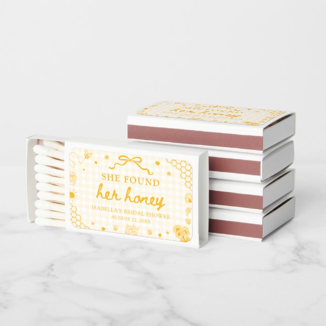Yellow Gingham She Found Her Honey Bridal Shower Matchboxes (Stacked)