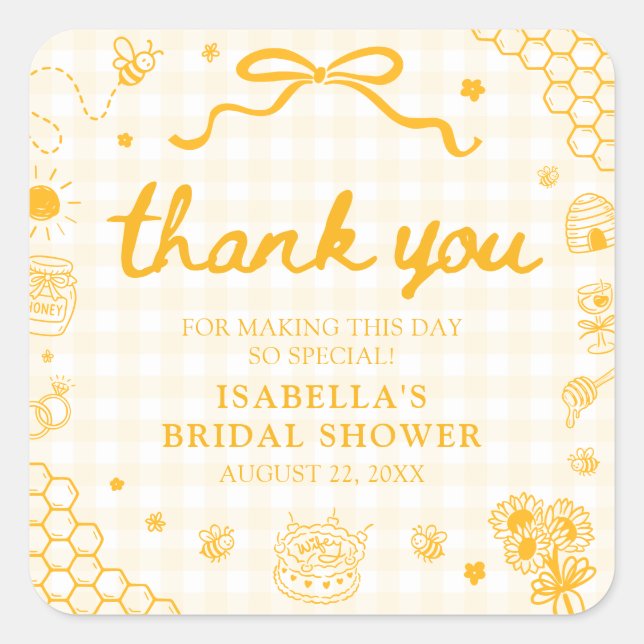 Yellow Gingham She Found Her Honey Bridal Shower Square Sticker (Front)