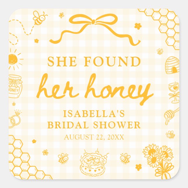 Yellow Gingham She Found Her Honey Bridal Shower Square Sticker (Front)