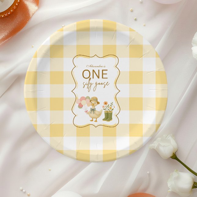  Yellow Gingham Silly Goose 1st Birthday Paper Plates (Creator Uploaded)