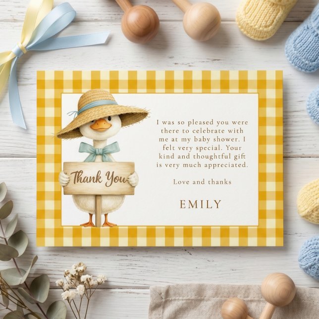 Yellow Gingham Silly Goose Baby Shower Thanks Card (Creator Uploaded)