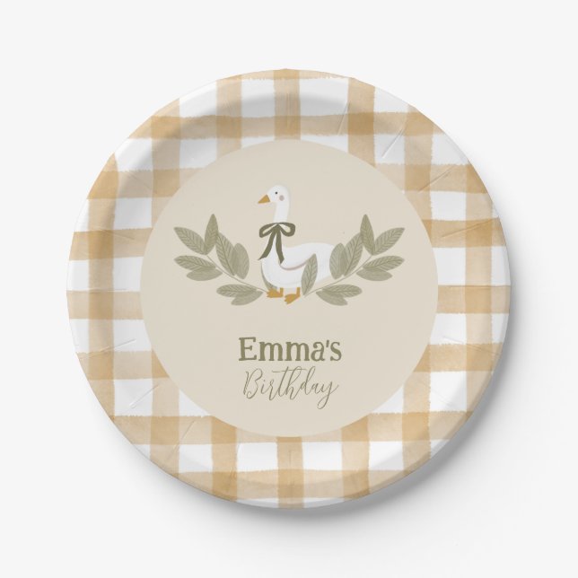 Yellow Gingham Silly Goose Birthday Party Paper Plates (Front)