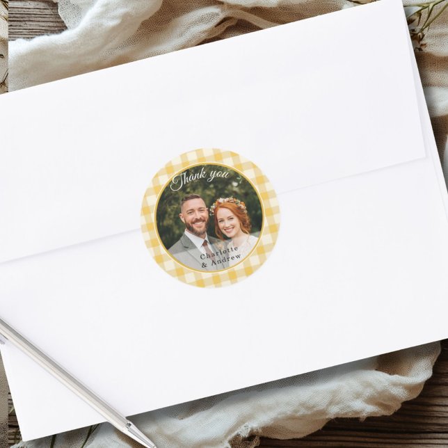 Yellow Gingham Thank you Photo Classic Round Sticker (Yellow Gingham Thank you Photo Classic Round Sticker)