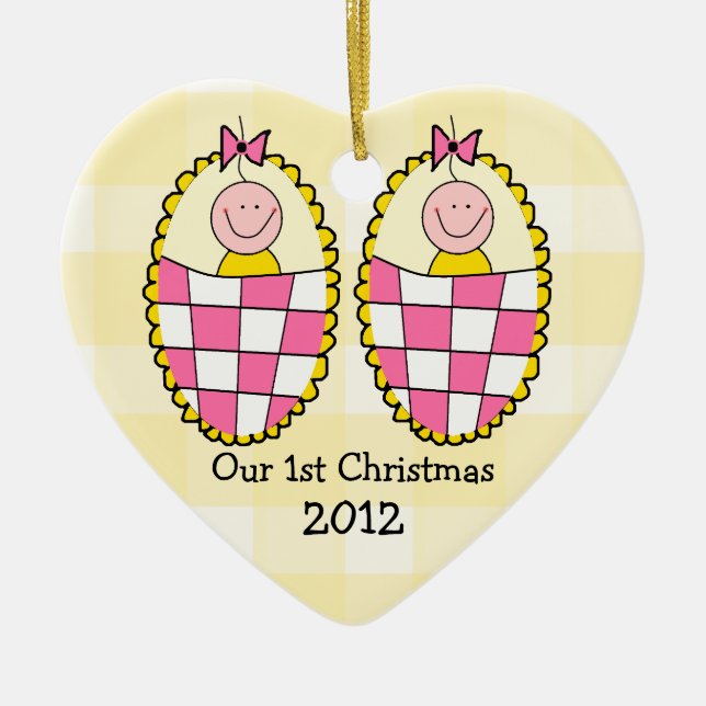 Yellow Gingham Twin Girls First Christmas Ceramic Ornament (Front)