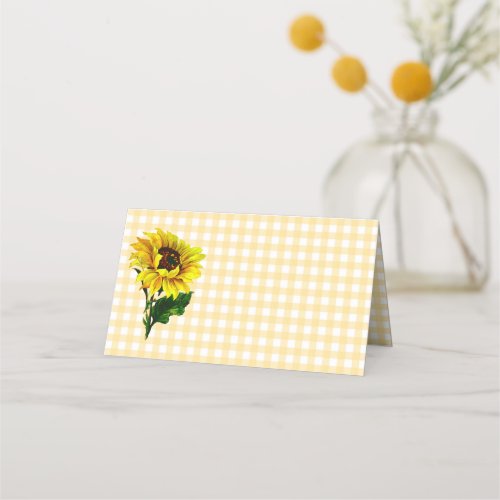 Yellow Gingham Wedding Folded Place Card