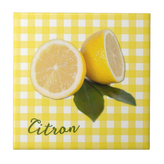Yellow Gingham with Fresh Lemons Citrus Citron Ceramic Tile