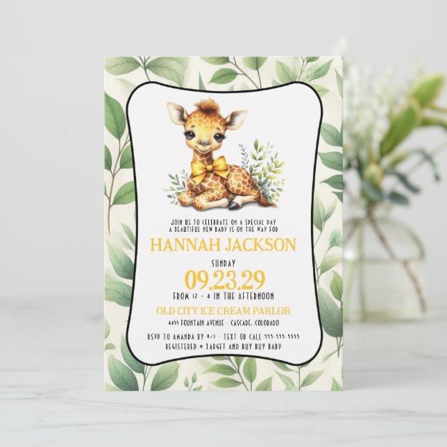Yellow Giraffe Baby Shower Invitation (Standing Front)