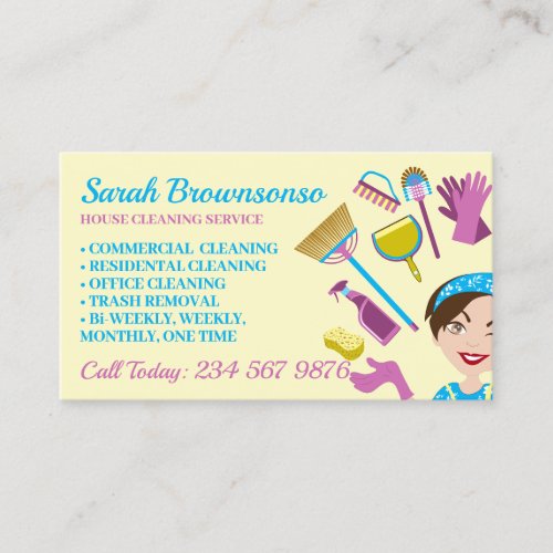 Yellow Girl Janitorial Gloved Apron Maid Business Card