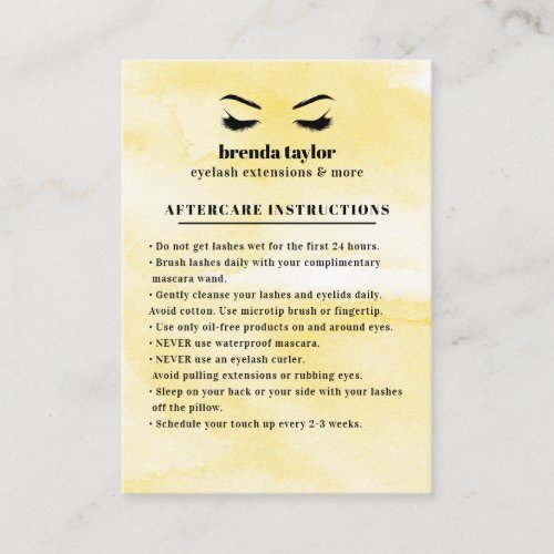 Yellow Glam Eyelash Browbar Aftercare Instructions Business Card
