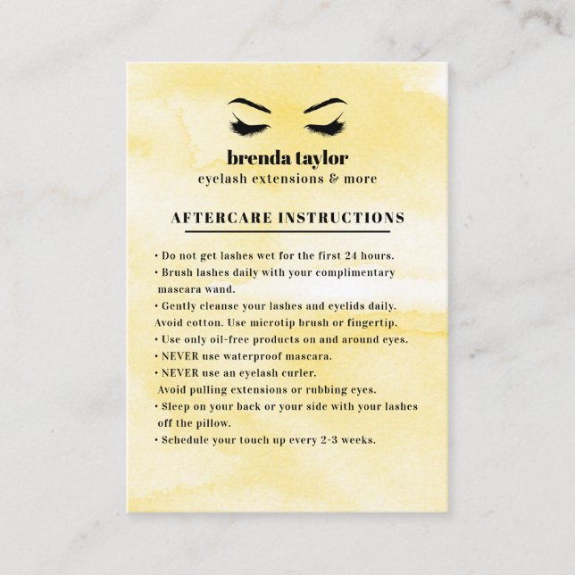 Yellow Glam Eyelash Browbar Aftercare Instructions Business Card (Front)