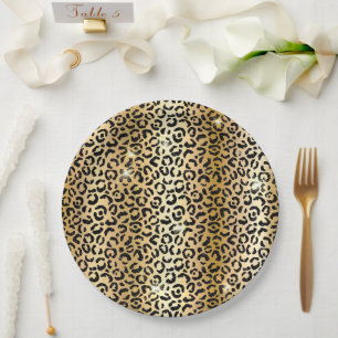 Yellow Glam Gold Black Glitter Leopard  Paper Plates