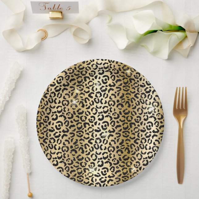 Yellow Glam Gold Black Glitter Leopard  Paper Plates (Wedding)