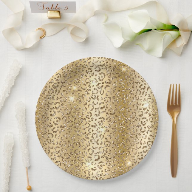 Yellow Glam Gold Glitter Leopard  Paper Plates (Wedding)