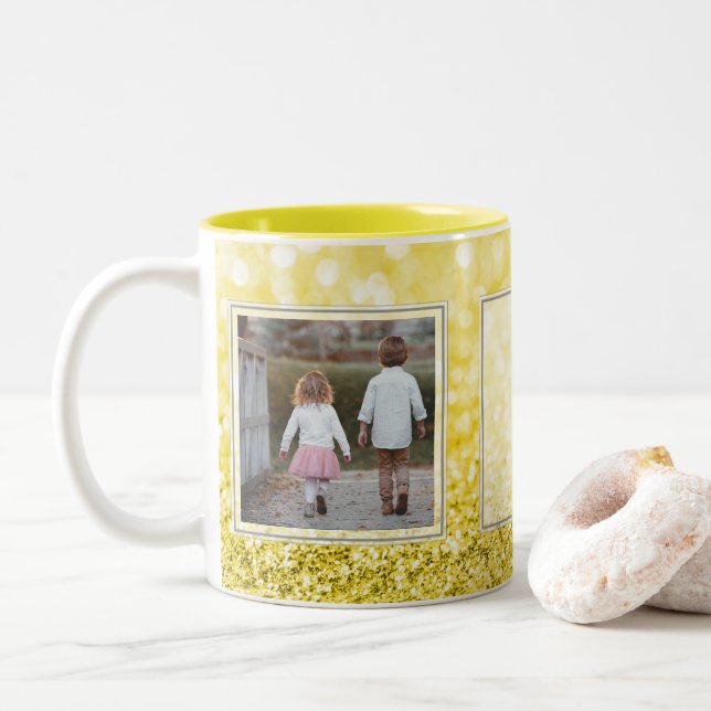 Yellow Glitter 2 Pictures w/Text Design Your Own Two-Tone Coffee Mug (With Donut)