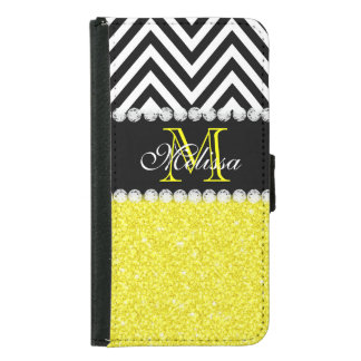 YELLOW GLITTER BLACK CHEVRON MONOGRAMMED WALLET PHONE CASE FOR SAMSUNG GALAXY S5
