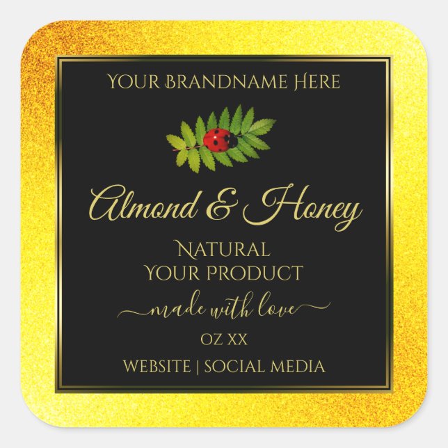Yellow Glitter Black Product Labels Ladybug Leaf (Front)