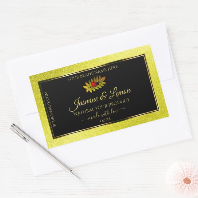 Yellow Glitter Black Product Labels with Ladybug (Envelope)