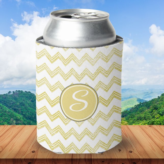 Yellow Glitter Chevron With Monogram Can Cooler (Creator Uploaded)