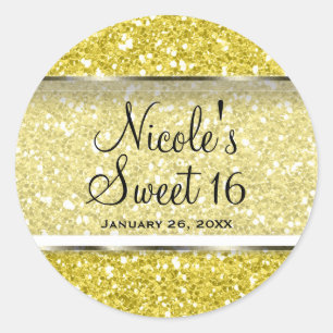 Yellow Glitter Glam Sweet 16 Custom Party Favor Classic Round Sticker