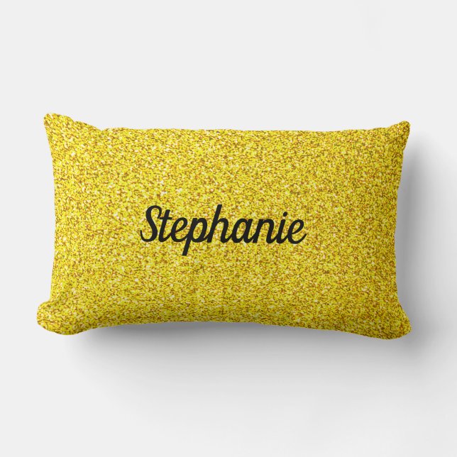 Yellow Glitter Gold Sparkle Patterns Custom Name Lumbar Pillow (Front)