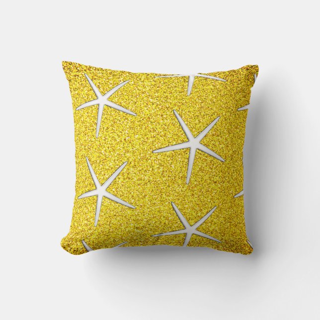 Yellow Glitter Gold Sparkle Starfish Patterns Cute Throw Pillow (Front)