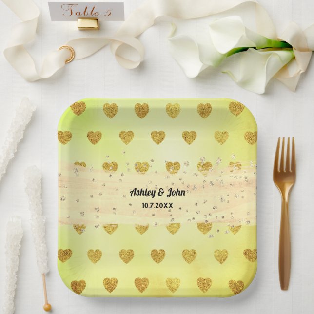 Yellow Glitter Hearts Wedding Birthday Paper Plates (Wedding)
