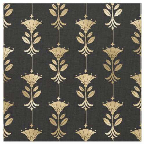 Yellow Gold and Black Art Deco Abstract Floral Fabric