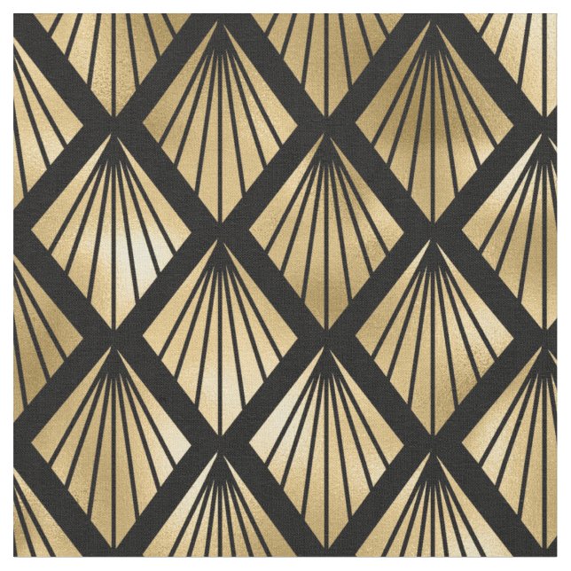 Yellow Gold and Black Art Deco Diamond Pattern Fabric (Close Up)