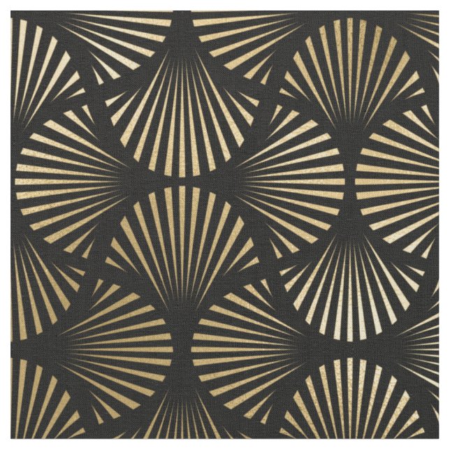 Yellow Gold and Black Art Deco Fan Pattern Fabric (Close Up)