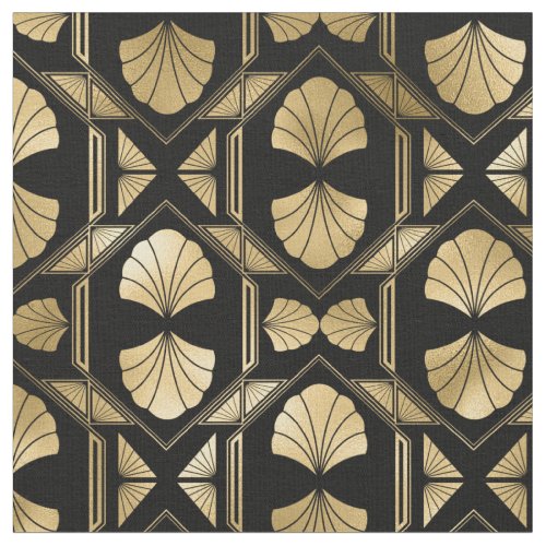 Yellow Gold and Black Art Deco Shell Pattern Fabric