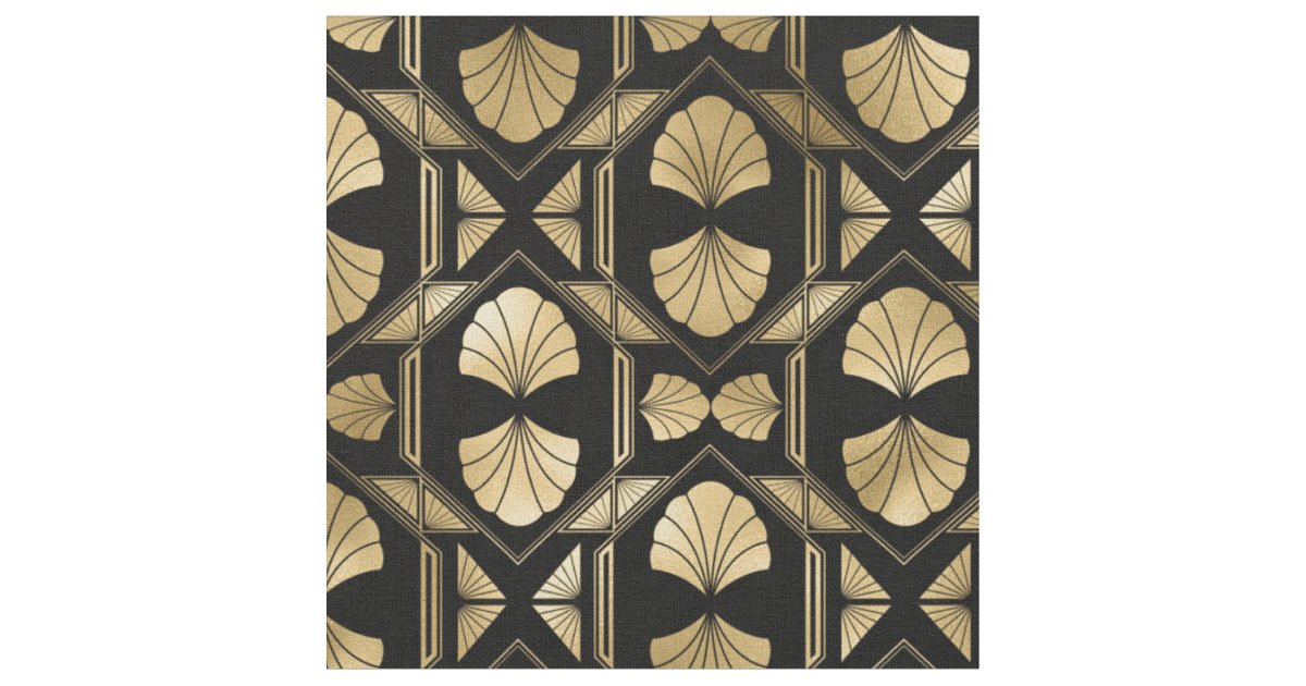 Yellow Gold and Black Art Deco Shell Pattern Fabric | Zazzle
