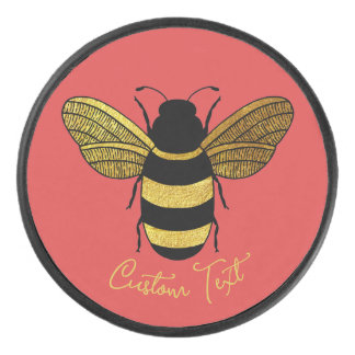 YELLOW GOLD AND BLACK COLOR BUMBLE BEE WINGS TEXT HOCKEY PUCK