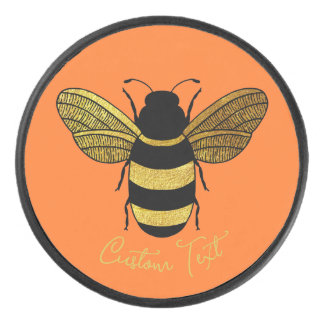 YELLOW GOLD AND BLACK COLOR BUMBLE BEE WINGS TEXT HOCKEY PUCK