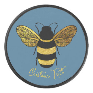 YELLOW GOLD AND BLACK COLOR BUMBLE BEE WINGS TEXT HOCKEY PUCK