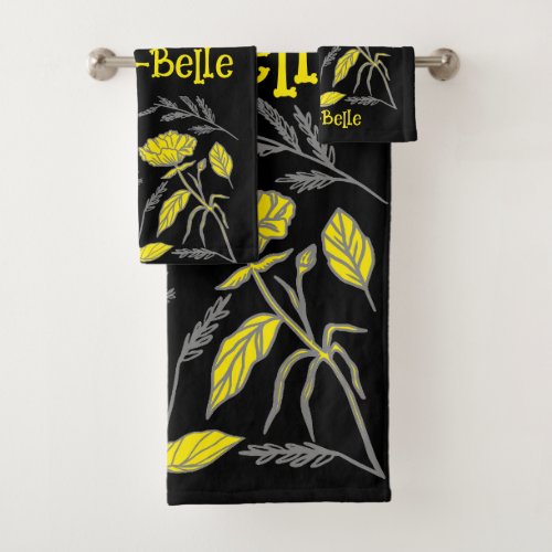 Yellow Gold and black floral Bath Towel Set