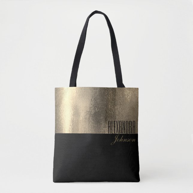 Yellow Gold and Black Simple Name Tote Bag (Front)