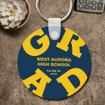 Yellow Gold and Blue Graduation Keychain<br><div class="desc">GRAD in yellow gold on dark blue,  this keychain is personalized with the name of the school - or your graduate's name - and the graduation year. MATCHING items and lots of COLORS pre-done for you in our collection or change to your school's colors.</div>