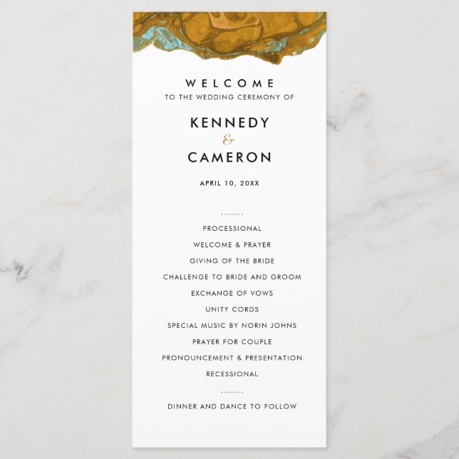 Yellow Gold & Aqua Marble Wedding Program (Front)