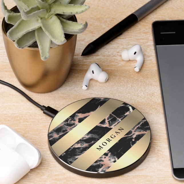 Yellow Gold Bands, Black & Rose Gold Marble, Name Wireless Charger (Desk 2)