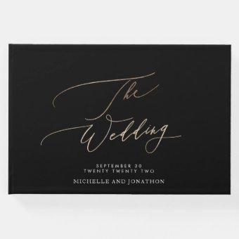 Yellow Gold Black Calligraphy Wedding Guest Book | Zazzle