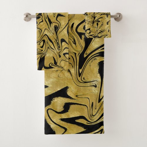 Yellow Gold  Black Elegant Glam Marble Swirl Bath Towel Set
